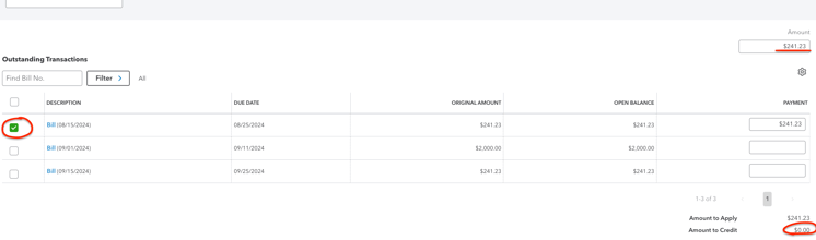 Entering bill pay amount and selecting correct bill