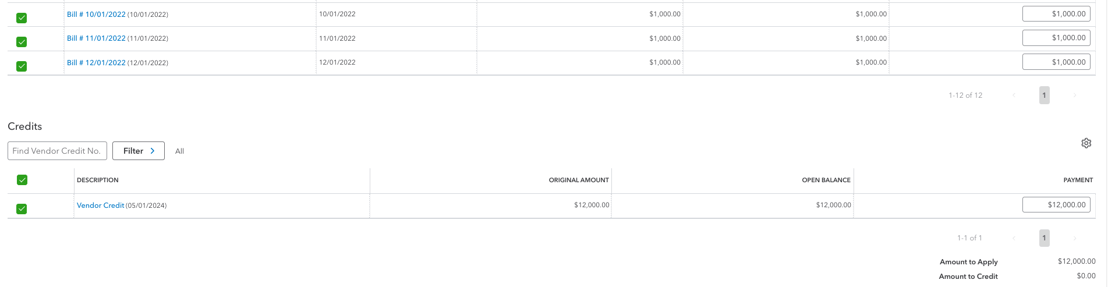 Selecting vendor credit